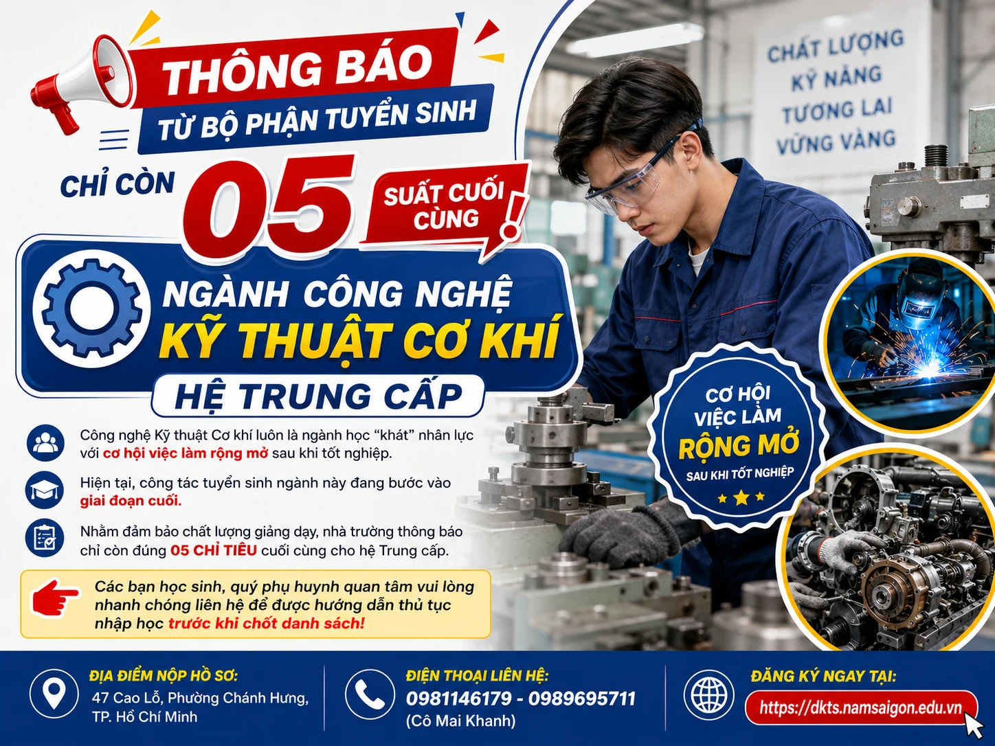 Chỉ còn 5 chỉ tiêu tuyển sinh hệ Trung cấp ngành Công nghệ Kỹ thuật Cơ khí