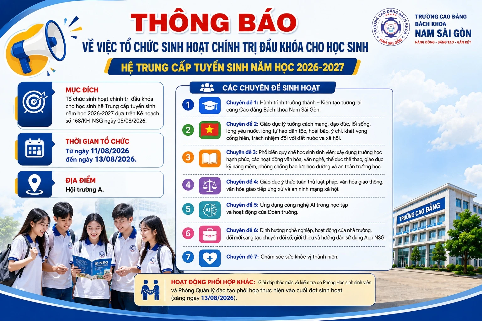Thông báo về việc tổ chức sinh hoạt chính trị đầu khóa cho học sinh hệ Trung cấp tuyển sinh năm học 2026-2027