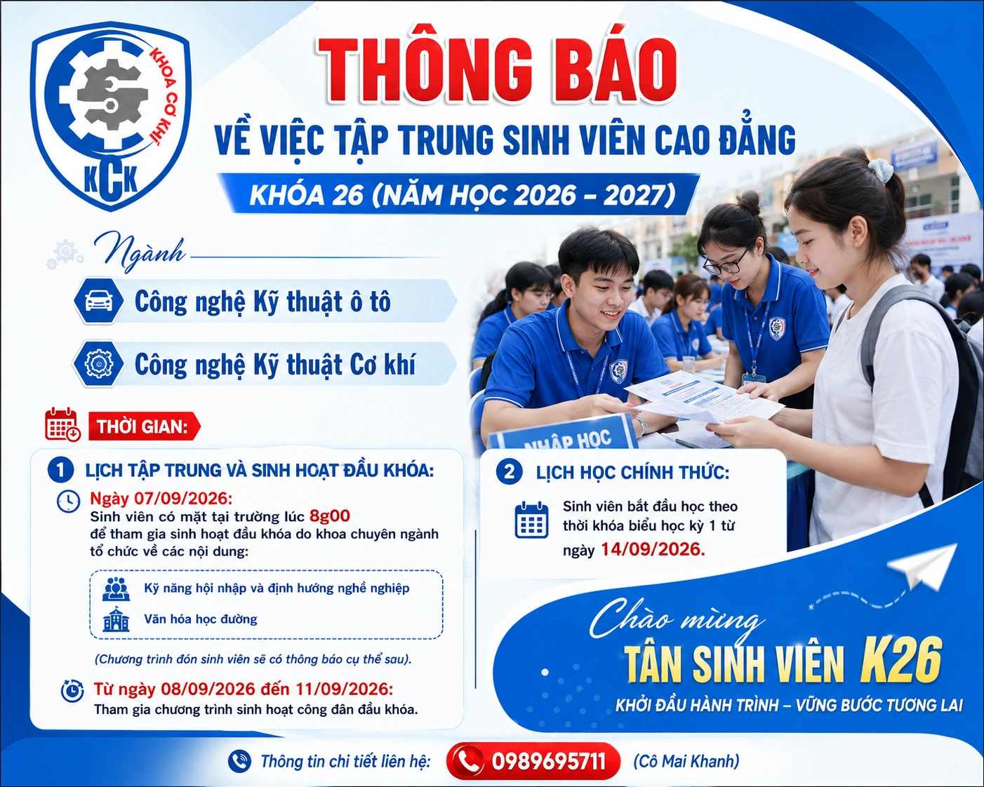 Thông báo về việc tập trung sinh viên cao đẳng khóa 26 (năm học 2026 – 2027)