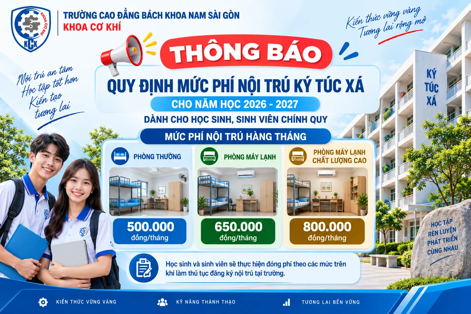 Quy định mức phí nội trú ký túc xá cho năm học 2026 - 2027 dành cho học sinh, sinh viên chính quy
