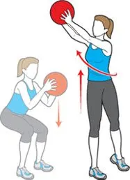 Two women are engaged in a physical exercise routine, with one woman standing and the other squatting, both holding red exercise balls.