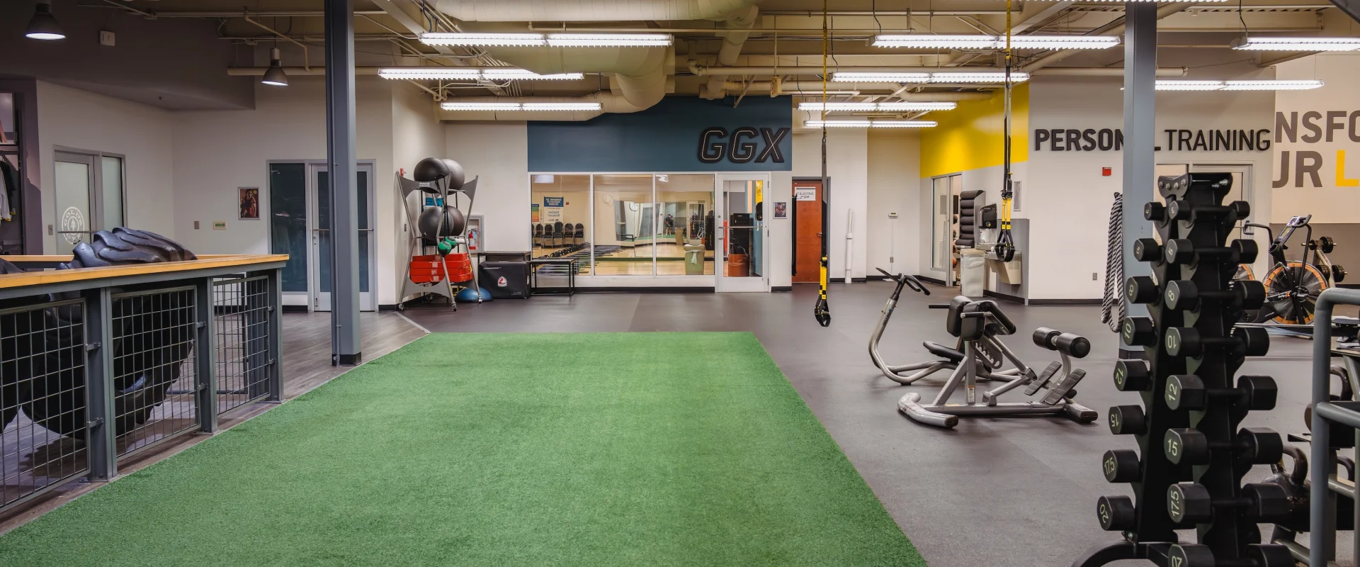 Found in the center of the gym is a astro-tuff set up with an array of weights and other equipment needed for functional training needs.