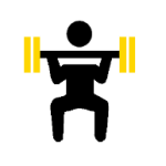 Icon of a stylized black figure performing a squat with a barbell overhead, featuring yellow weight plates on both sides, symbolizing Olympic lifting or strength training.