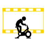 Icon depicting a yellow film strip framing a black rectangle with a stylized treadmill at the bottom center. The design represents a cardio cinema, combining exercise and entertainment.