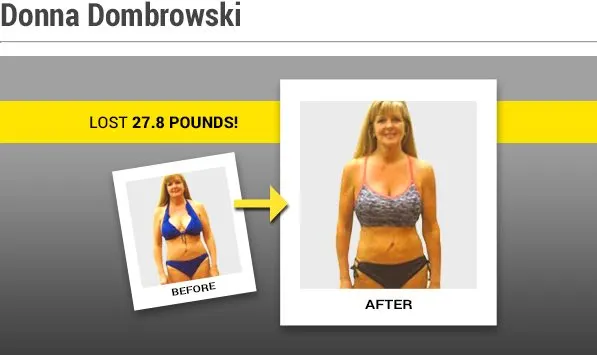 The image shows a woman in a blue and white patterned bikini on the left, and the same woman in a different bikini on the right, with text indicating she lost 27.8 pounds.