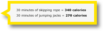 The image displays information about the calorie counts for 10 minutes of skipping rope and 10 minutes of jumping jacks, presented against a plain white background with a yellow border.