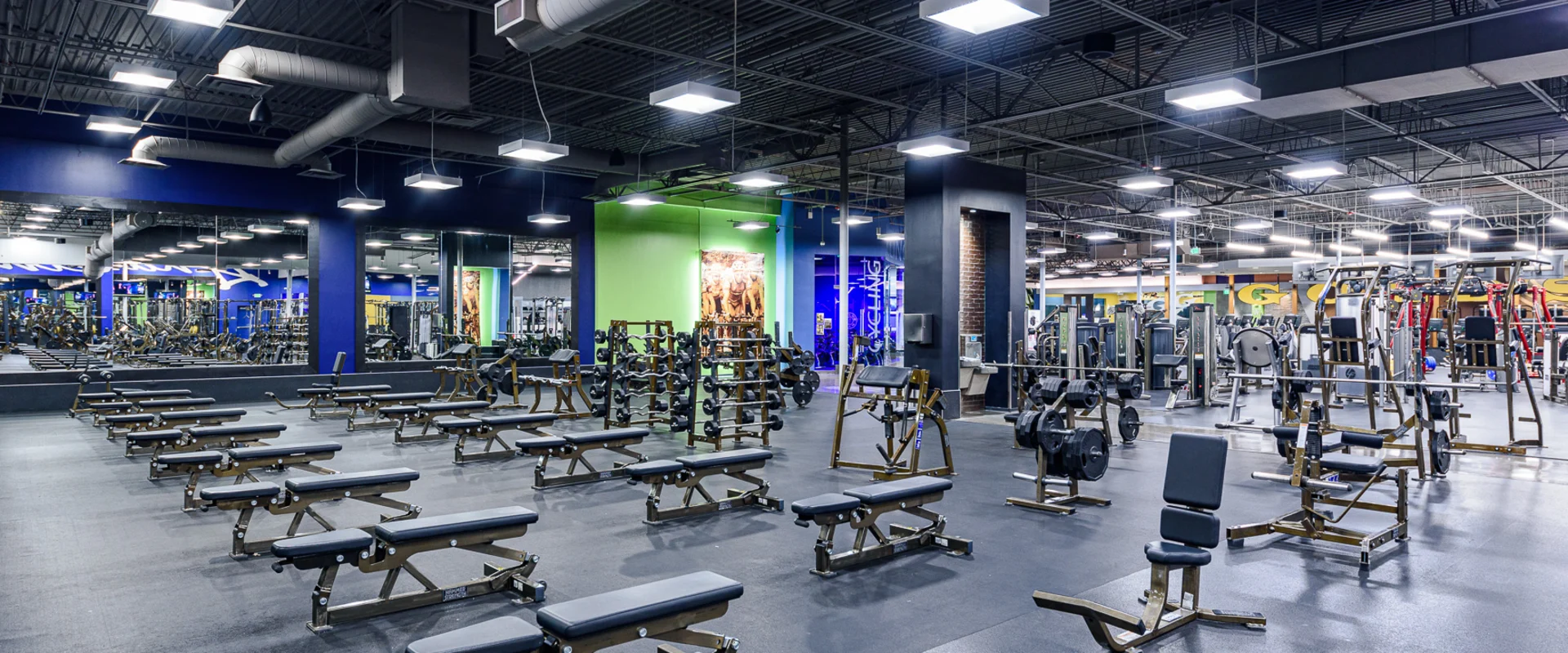 A spacious free weight section features multiple adjustable benches arranged in rows, with racks of dumbbells lining the mirrored walls. Overhead industrial lighting illuminates the rubber flooring and dark ceiling.