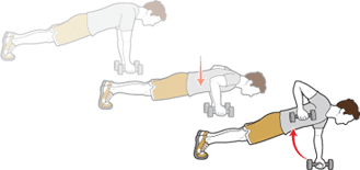The image depicts a person performing a push-up exercise, with their body in a straight line from head to heels. The background appears to be a plain, light-colored surface.