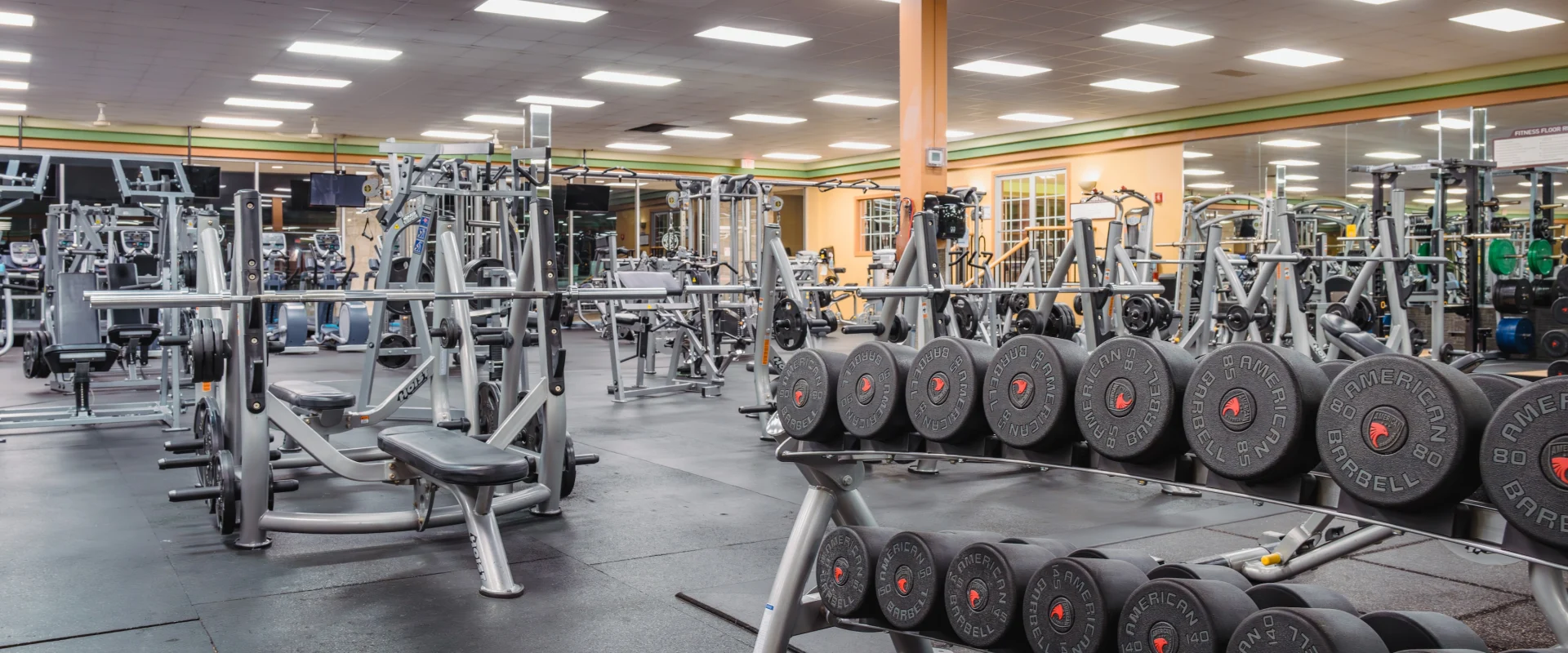 A spacious gym with rows of weightlifting machines, benches, and racks of black dumbbells. Bright overhead lighting creates a clean, organized atmosphere.