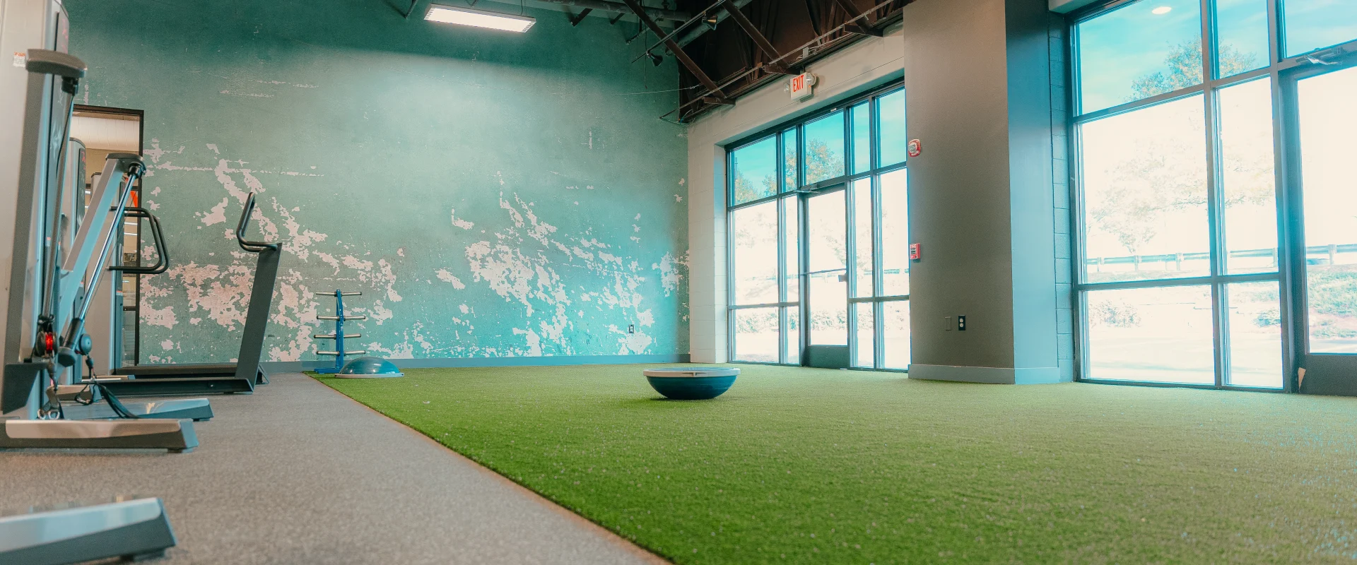 A functional training area at Gold's Gym Hendersonville, featuring a grey wall with large windows that bring in natural light. The floor is half covered in artificial turf, with a half balance ball at the center, while the other half is standard flooring, where various exercise machines sit. The surrounding walls are decorated with a distressed teal wallpaper also known as the Venice wall.