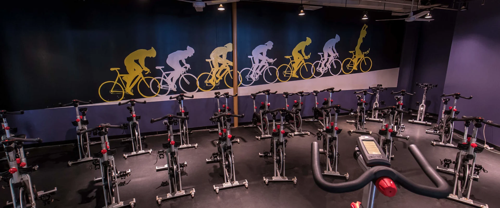 A dimly lit indoor cycling studio with rows of stationary bikes and a mural of colorful silhouettes of cyclists on the wall.