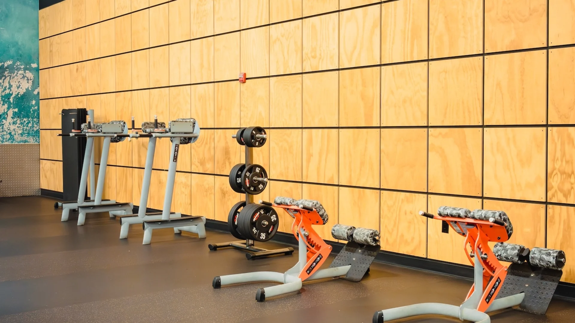 Gym workout area with weight machines and benches beneath a Gold’s Gym sign.
