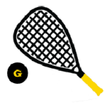 Icon of a black racquetball racket with a yellow handle, accompanied by a small ball, symbolizing racquetball or related sports activities.