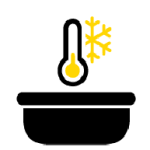 Icon of a black tub with a thermometer above it, featuring a yellow bulb and a yellow snowflake symbol, representing a cold plunge or cold therapy amenity.