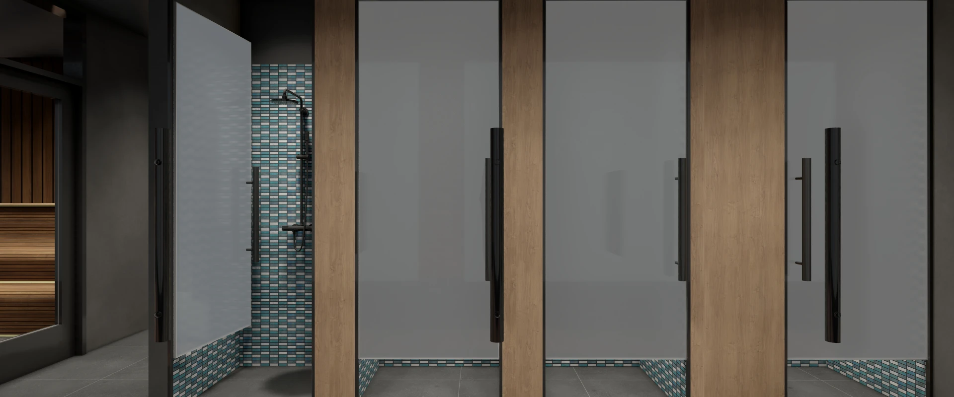 Rendering of the shower area at Gold’s Gym Los Angeles (Beverly Center), featuring private shower stalls with frosted glass doors framed by wood paneling. The open stall reveals a black rainfall showerhead with an adjustable handheld attachment, mounted on a wall covered in blue and gray mosaic tiles. The floor is finished with large dark tiles. To the left, a sauna with wood-paneled walls and tiered seating is partially visible. This digital rendering previews the planned design for the upcoming location.