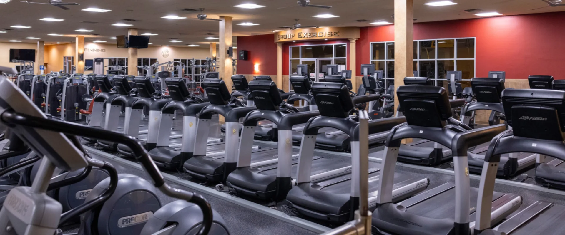 Cardio equipment at Gold’s Gym New York (East Northport), featuring rows of treadmills and ellipticals, each equipped with personal screens. The spacious layout includes ceiling fans for airflow and bright overhead lighting. In the background, strength machines and weightlifting equipment are visible, along with the entrance to the group exercise studio, marked by a bold sign above glass-paneled doors. The gym’s modern design is highlighted by a vibrant red accent wall and warm wood columns.