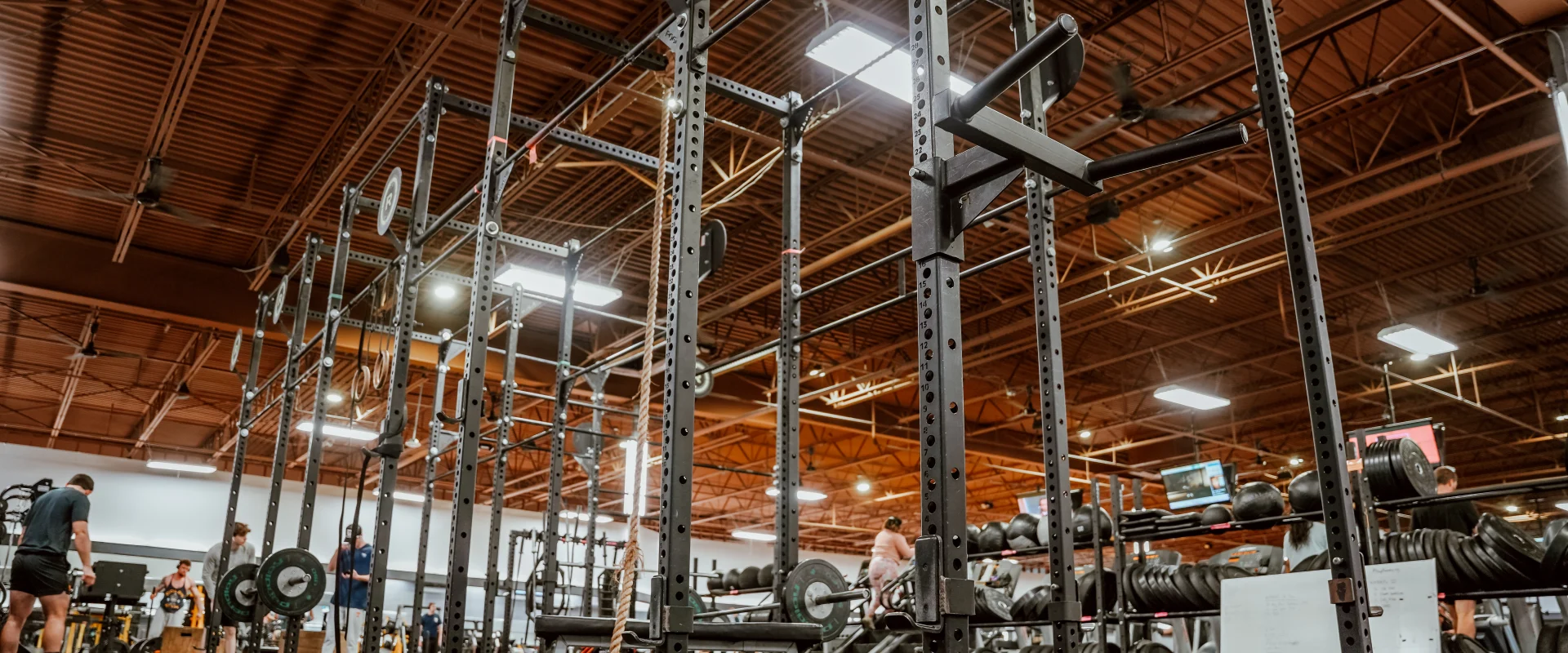 Functional training area at Gold's Gym Murfreesboro North, featuring metal rigs with pull-up bars, weight plates, and hanging ropes. Gym-goers and additional equipment are visible in the background under industrial-style ceilings.