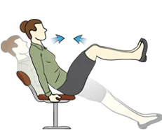 A person sitting in an office chair, with their legs raised and arms outstretched, appears to be relaxing or stretching.