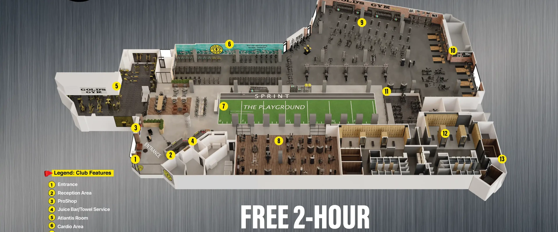Rendering of the full gym layout at Gold’s Gym Los Angeles (Beverly Center), showcasing a top-down view of the facility’s planned design. The gym features designated areas for cardio machines, resistance machines, free weights, and Olympic lifting platforms. A large turf training area labeled "The Playground" is positioned centrally for functional workouts. The layout includes an entrance, reception area, juice bar, and pro shop near the front. Locker rooms, steam rooms, and saunas are located at the back of the gym. A labeled legend identifies key sections of the space. This digital rendering previews the planned design for the upcoming location.