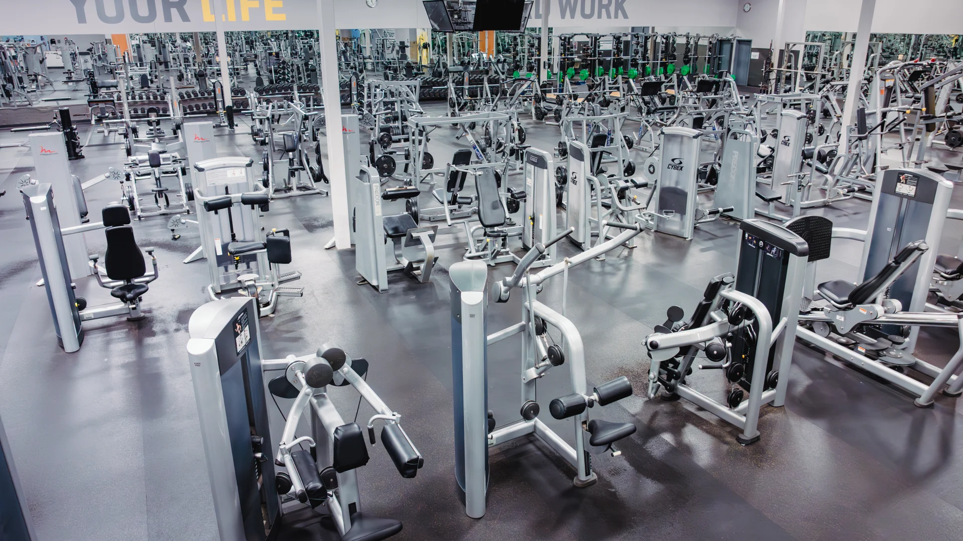Free weights section at Gold's Gym Waco, featuring weight machines, benches, and equipment on a black floor. Large mirrors reflect "Transform Your Life" and "Where Strength Meets Work" text, with mounted TVs visible.
