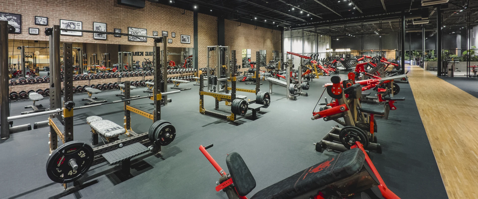 Free weight training area at Gold’s Gym Flower Mound, featuring gold and red strength machines, squat racks, benches, and rows of dumbbells. The space includes a brick accent wall with framed photos, large mirrors, and industrial-style lighting.