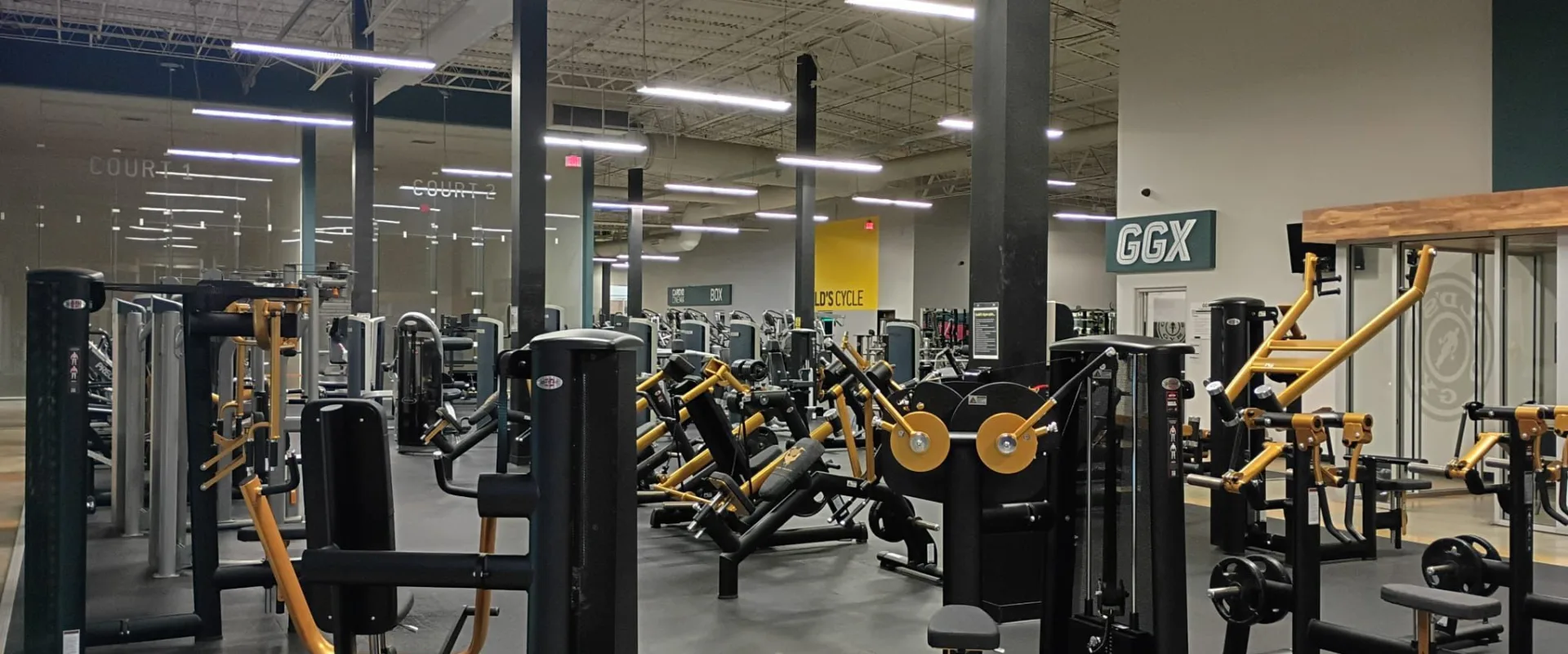 Wide view of the main gym floor with strength and cardio machines at Gold’s Gym South Texas in Harlingen.