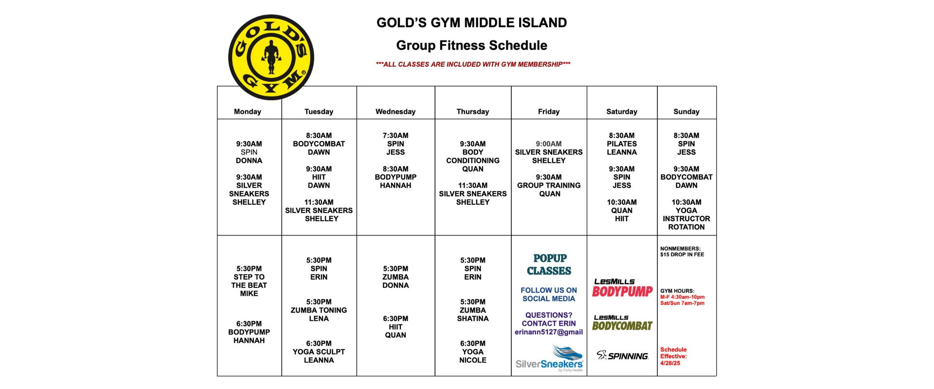 Group fitness schedule at Middle Island, NY