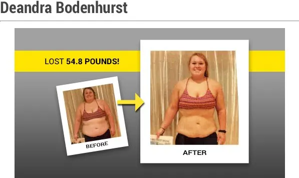 The image shows a woman's before and after weight loss transformation, with the "before" photo on the left and the "after" photo on the right. The background appears to be a plain wall or curtain.