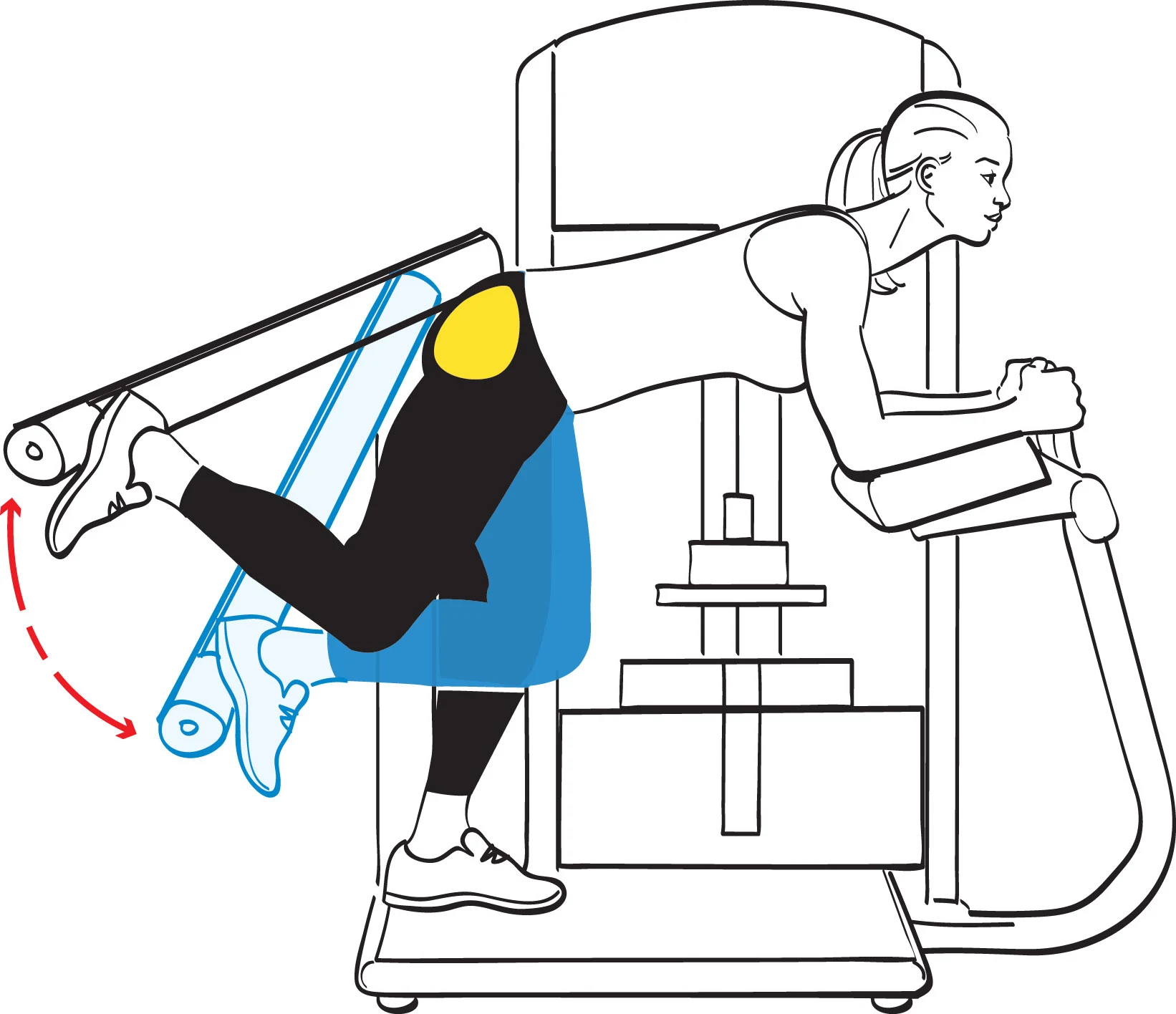 The image depicts a person using a piece of exercise equipment, with various colored elements and a background structure visible.