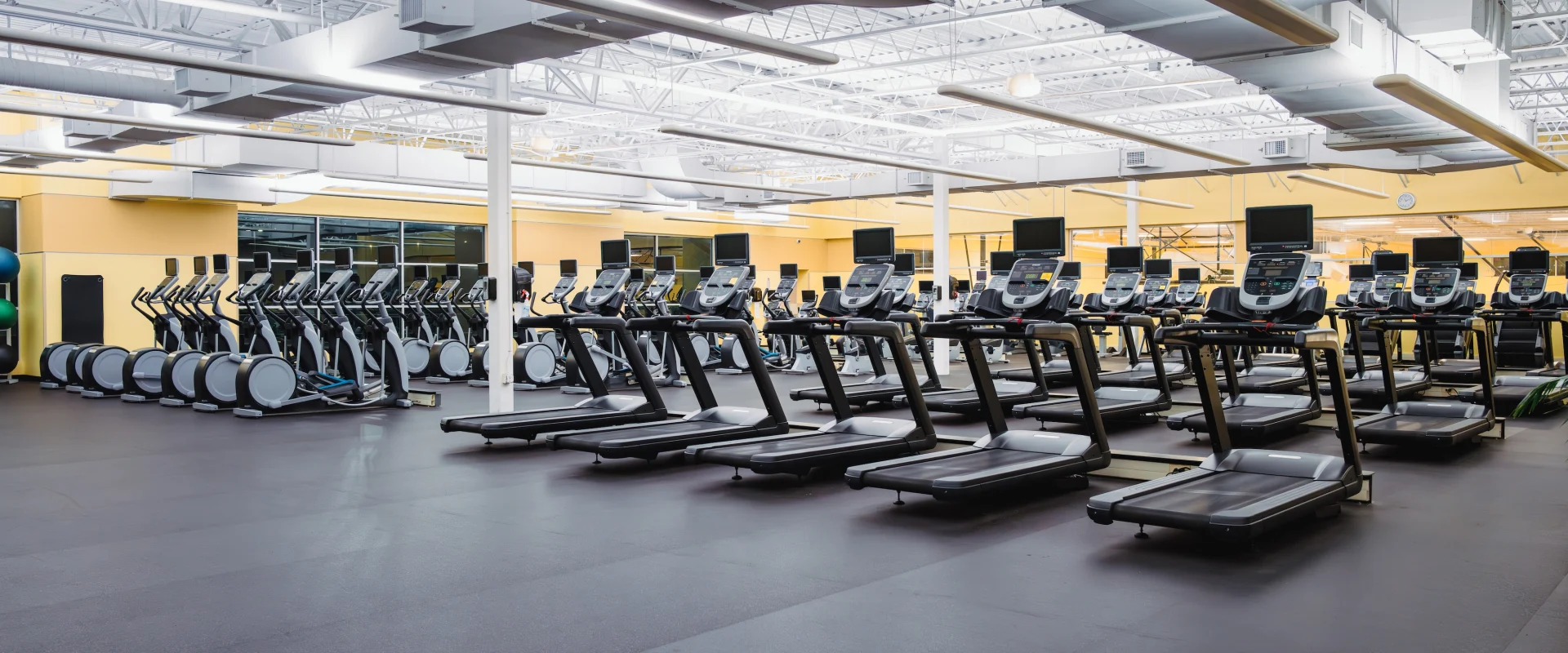 Bright, spacious gym with rows of treadmills and ellipticals on a black floor, under a high ceiling with exposed ducts, conveying a clean, modern feel.