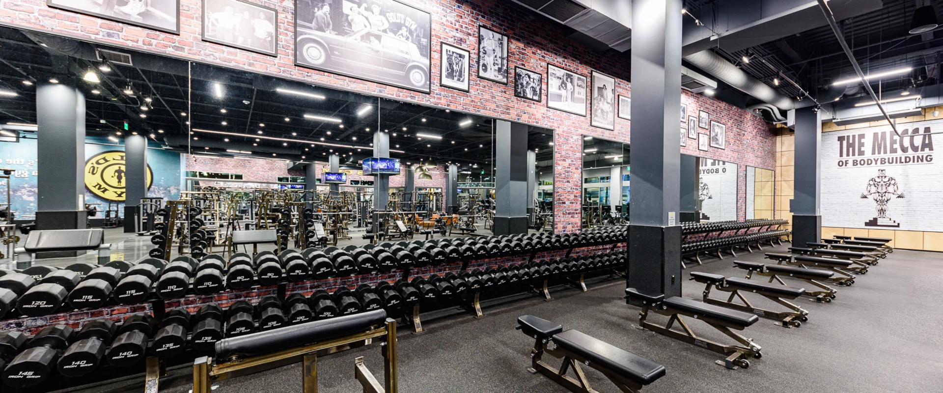 Dumbbell area at Gold’s Gym Long Beach, featuring a full lineup of Iron Grip dumbbells arranged on sleek, multi-tiered racks. Adjustable benches are positioned in front of an expansive mirror wall, reflecting the gym’s open layout. The exposed brick wall showcases vintage bodybuilding photos, paying homage to the gym’s legacy. Overhead lighting highlights the industrial aesthetic, creating a high-energy training environment.