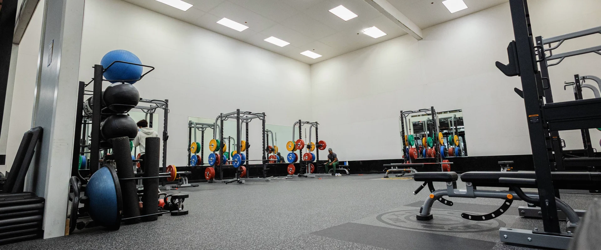 Mecca Room at Gold’s Gym in Poughkeepsie, New York, featuring multiple squat racks with color-coded bumper plates neatly organized along mirrored walls. The space includes benches, medicine balls, foam rollers, and stability balls for functional training. The speckled rubber flooring and bright overhead lighting create an open, performance-focused environment designed for strength and Olympic lifting.
