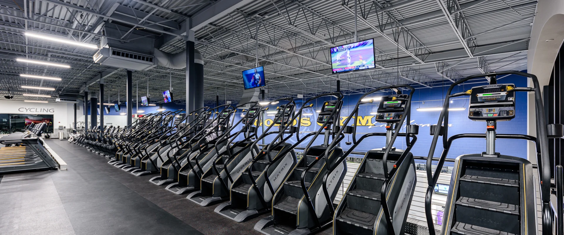 A long row of stair climbers lines the cardio section of the gym. Each machine features a digital display, with overhead TVs mounted above. The blue gym walls display the Gold’s Gym logo.