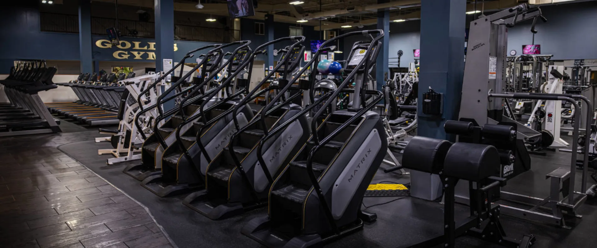 A row of Matrix stair climbers stands in the cardio area at Gold’s Gym in Woodbridge (Lake Ridge), their sleek black frames and digital screens facing outward. Behind them, treadmills stretch along the left side, each equipped with touchscreens. To the right, various strength machines and weight training equipment are visible. Overhead lighting casts a glow over the dark flooring, while the Gold’s Gym logo is displayed on a wall in the background.