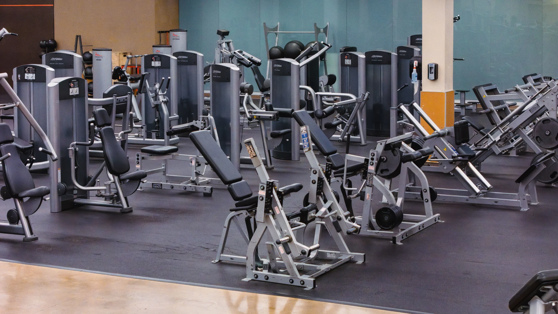 Machine weights area at Gold’s Gym Austin (Anderson Arbor) featuring rows of gray strength training equipment on rubber flooring. A blue-tinted glass wall, a wall-mounted TV, and light beige walls with accent stripes are visible in the background.