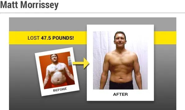 The image shows a before and after comparison of a person's physical transformation, with the "before" image depicting a shirtless individual and the "after" image showing the same person with a more toned and muscular physique. The background is a simple gray and yellow layout with the text "Matt Morrissey" and "LOST 47.5 POUNDS!" prominently displayed.
