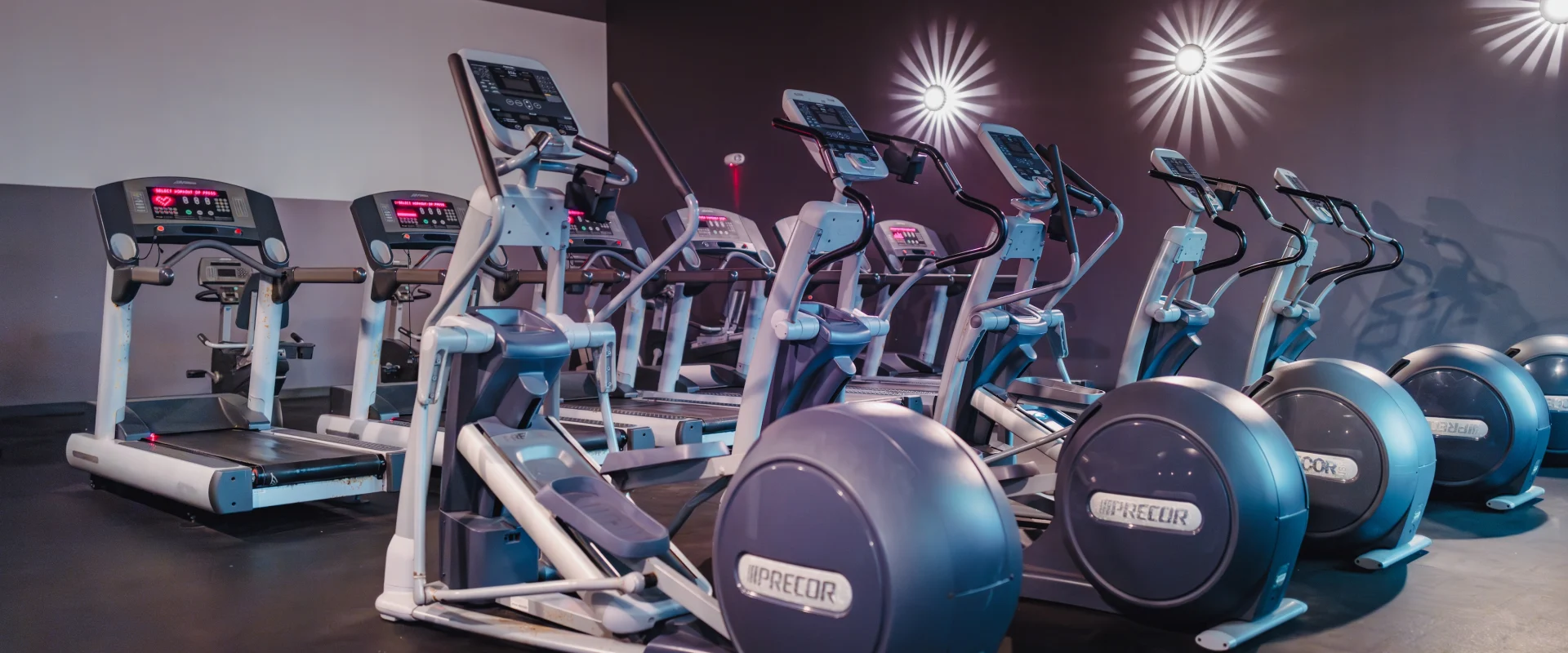 A row of six elliptical trainers stands in a dimly lit gym with three treadmills on the left. Soft lighting creates a calm, focused workout atmosphere.