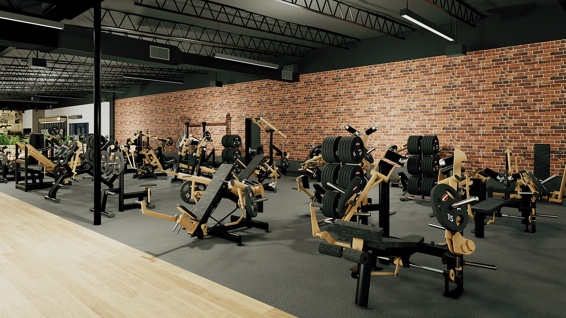 Plate-loaded machine area at Gold's Gym Austin (Burnet Rd) featuring black and gold strength equipment, exposed brick walls, and full-body training stations.