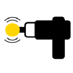 Icon of a stylized black massage gun with a yellow circular head, symbolizing percussion therapy or handheld massage devices for muscle recovery.