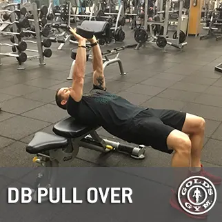 A person is performing a DB pull-over exercise on a weight bench in a gym setting, surrounded by various exercise equipment and machines.