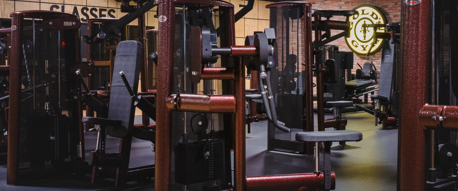 Close-up of machine weight equipment at Gold’s Gym Highland Meadows, featuring polished red frames and padded black seats. The equipment rests on a dark rubber floor under ceiling lights, with a brick wall and illuminated Gold’s Gym logo visible in the background.