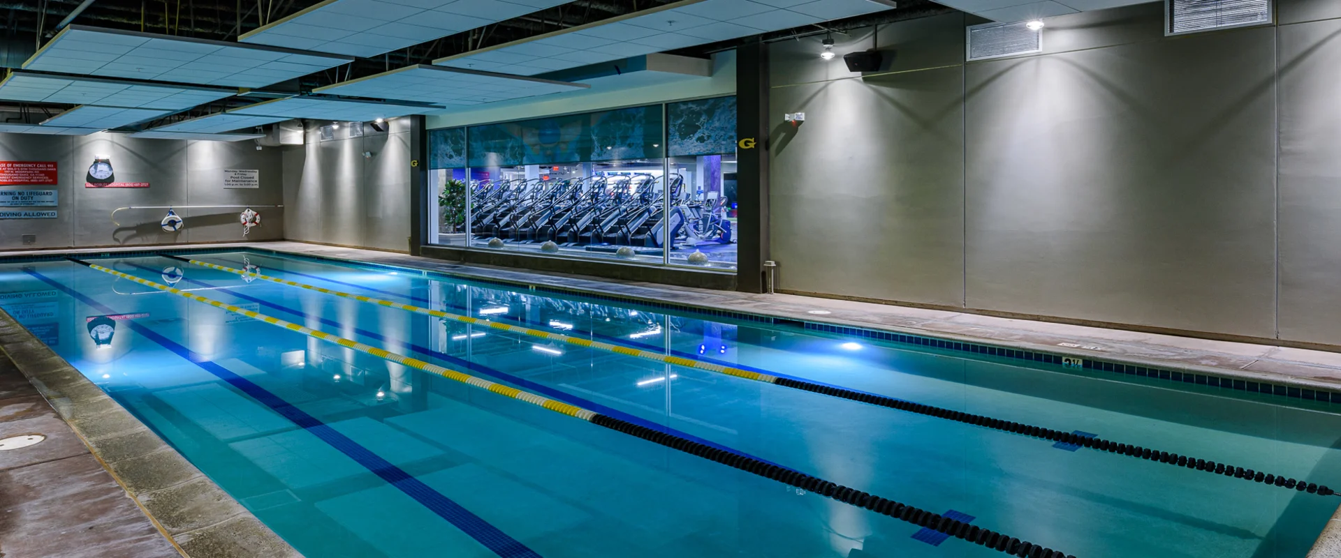 Indoor lap pool at Gold’s Gym Thousand Oaks, designed for swimming and aquatic workouts. The pool features marked lanes with floating lane dividers and depth indicators along the edge. Large windows provide a view into the gym’s cardio area, allowing natural light to reflect off the water. Safety equipment, including life rings, is mounted on the walls, and overhead lighting creates a clean, well-lit environment.