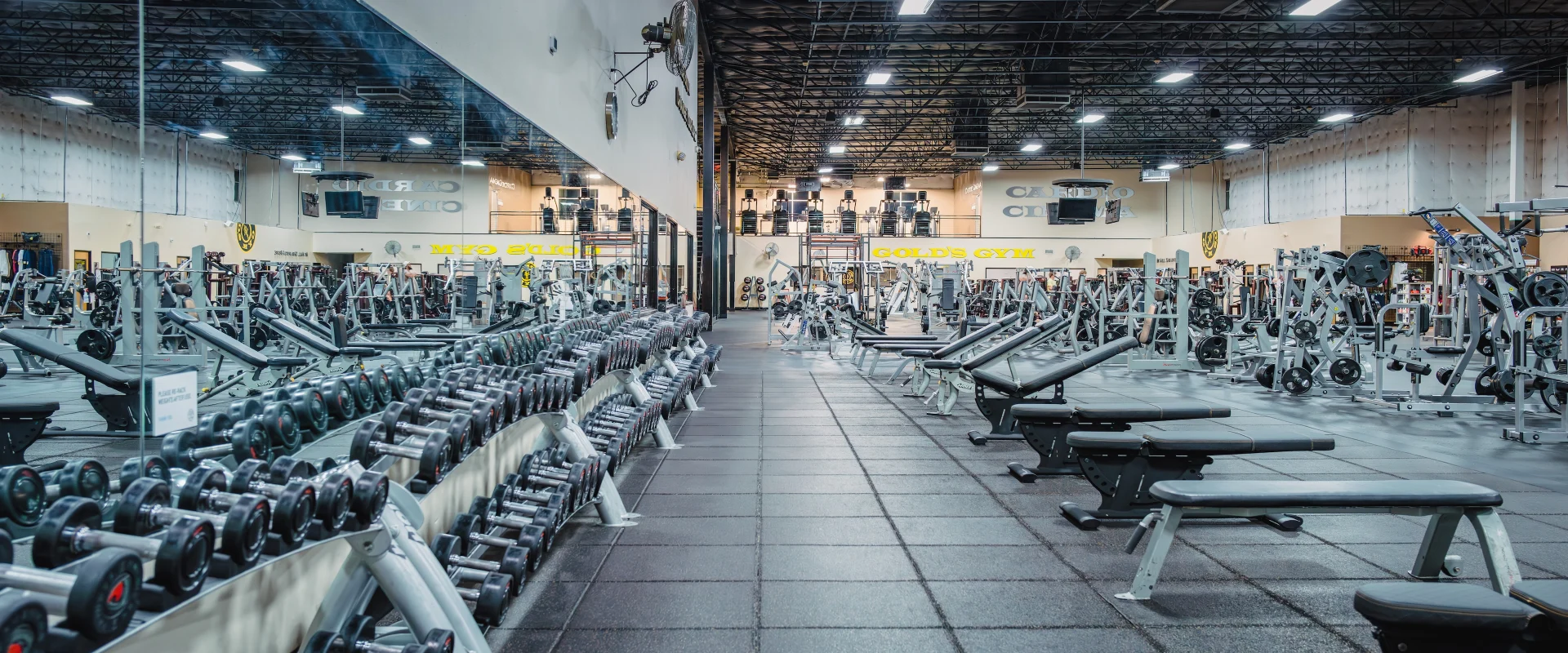 A row of neatly organized dumbbells at Gold’s Gym in Austin (South) is displayed on silver racks, ranging in various weights. The dumbbells face a large mirrored wall that reflects the extensive gym floor, filled with weight benches and strength training machines. The flooring is made of black rubber tiles, providing a durable and slip-resistant surface. Overhead, bright lights illuminate the spacious area, highlighting the Gold’s Gym logo on the far wall. In the background, cardio equipment can be seen on an elevated platform, adding depth to the open layout.