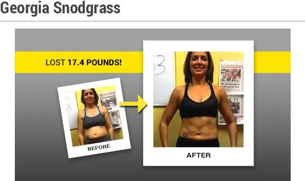 The image shows a woman's before and after photos, with the text "Georgia Snodgrass" and "LOST 17.4 POUNDS!" displayed prominently.