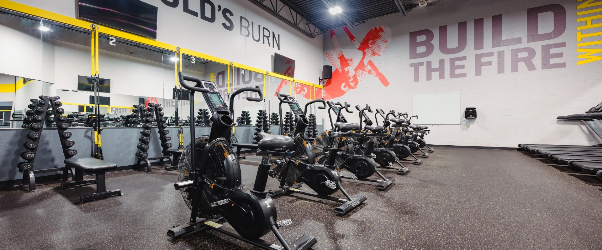 The Gold’s Burn area at Gold's Gym in Texas (Slaughter & South Congress) features a lineup of assault bikes, dumbbells, and resistance bands. Bright wall graphics with motivational phrases enhance the energetic vibe of the space, complemented by large mirrors and mounted TVs.