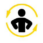 Icon of a person standing with hands on hips, surrounded by a yellow circular arrow, symbolizing a recovery area or rejuvenation services.