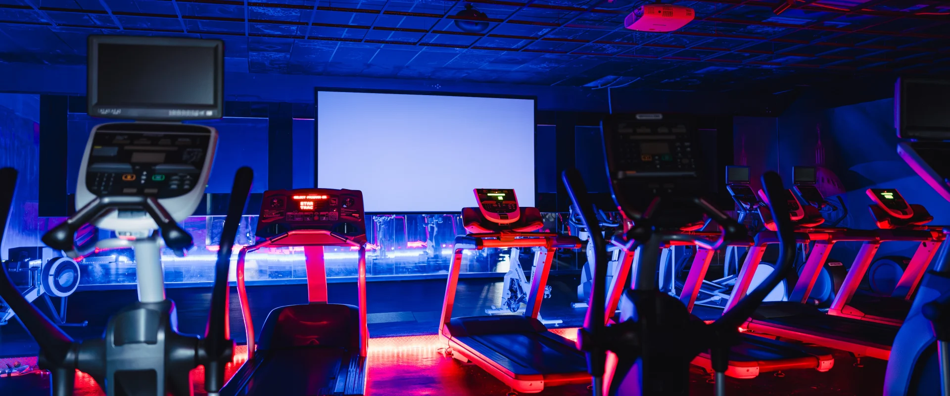 Cardio Cinema at Gold’s Gym in Austin (South Central), featuring rows of treadmills and elliptical machines facing a large projection screen. The room is illuminated with vibrant blue and red LED lighting, creating an immersive theater-like atmosphere. Ceiling-mounted projectors display films, enhancing the cardio workout experience in a darkened, cinematic environment.