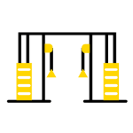 Illustration of a resistance training machine featuring two vertical frames with cables and yellow accents, designed for strength and fitness exercises.