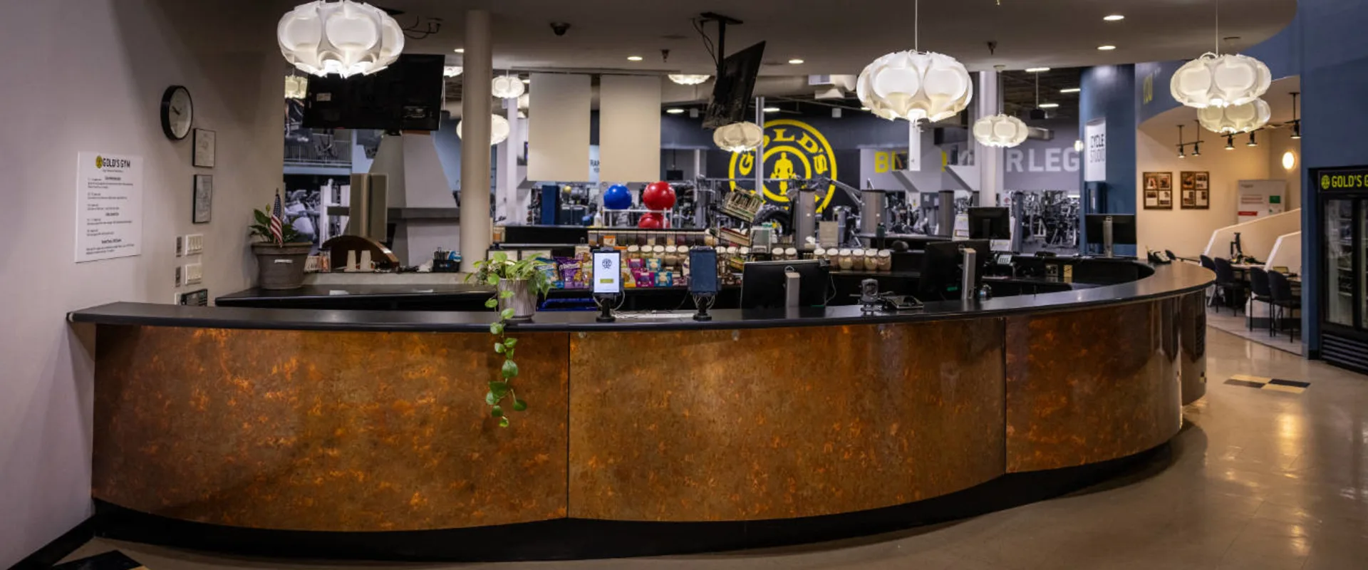 A curved front desk at Gold’s Gym in Woodbridge (Lake Ridge) features a dark countertop and bronze-toned panels sits in the entrance area. Above, multiple pendant lights with modern, sculptural shades illuminate the space. A small potted plant sits on the counter, along with digital check-in stations and a display of supplements and snacks. Behind the desk, the Gold’s Gym logo is visible on the far wall, along with a partial view of the gym’s equipment area. To the right, a refrigerated cooler stocked with beverages stands near a seating area with tables and chairs.