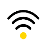 Icon of a Wi-Fi signal with three black curved lines radiating upward from a yellow dot, symbolizing Wi-Fi connectivity or internet services.